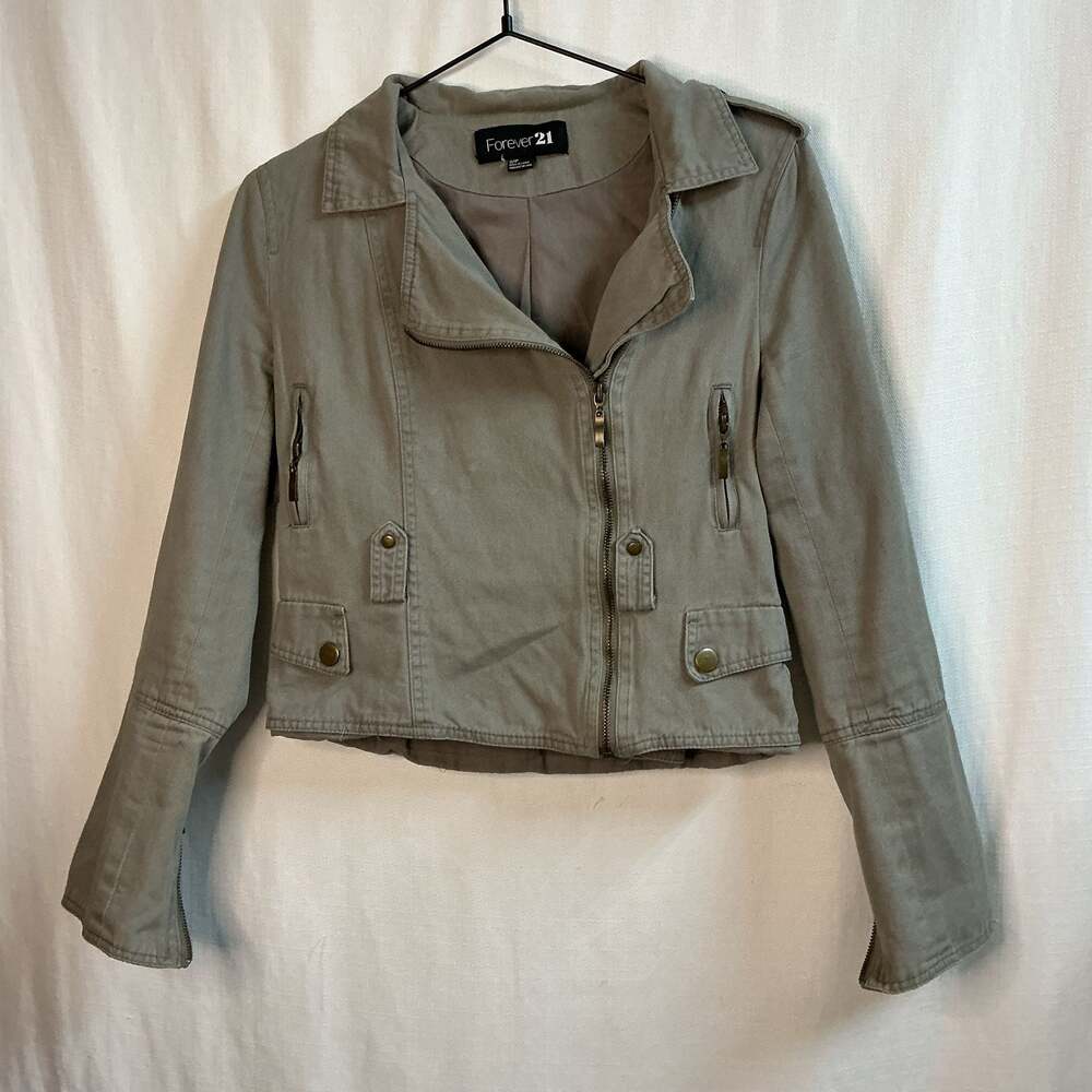Forever 21 Women's Utility Moto Jacket with Zipper Details in Khaki